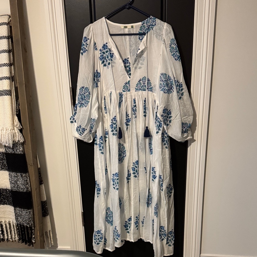 Women's White Dress with Blue Floral Print